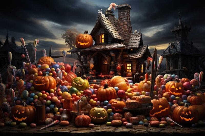 Halloween, foto ilustrativa com casa abandonada e muitas abóboras e frutas